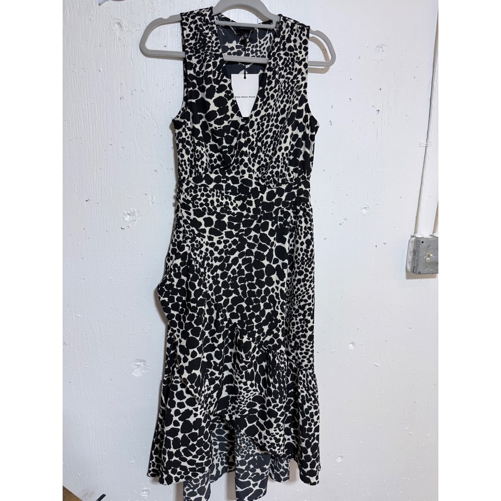 Who What Wear Black White Animal Print Ruffle High Low Midi Dress Womens Small